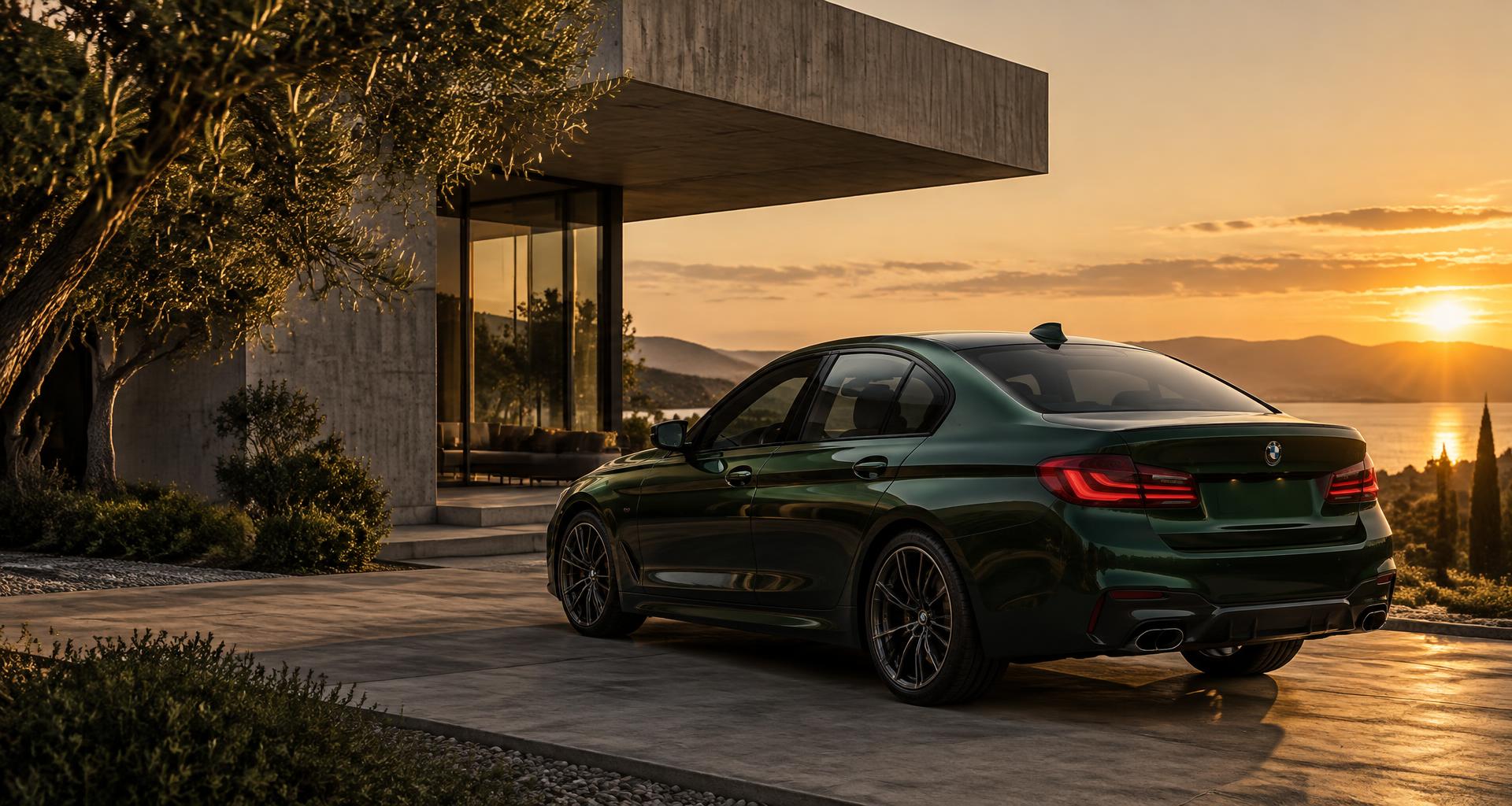 Dark green performance saloon at golden-hour concrete architecture — editorial illustration